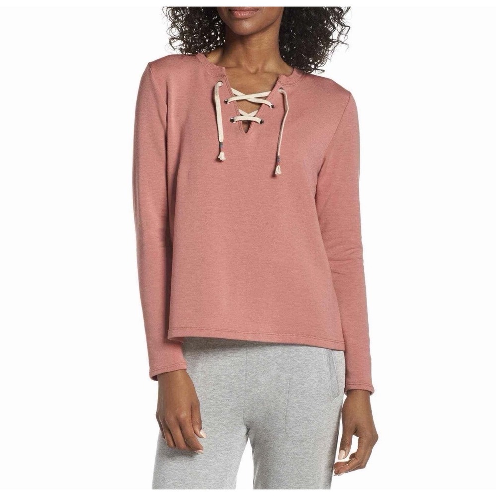 Beyond Yoga Lace Up S Cozy Fleece Sweatshirt Pink Mauve Athleisure USA